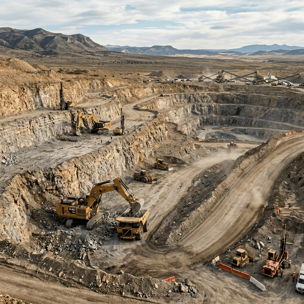 Open-pit mine with excavators loading dump trucks and various mining vehicles