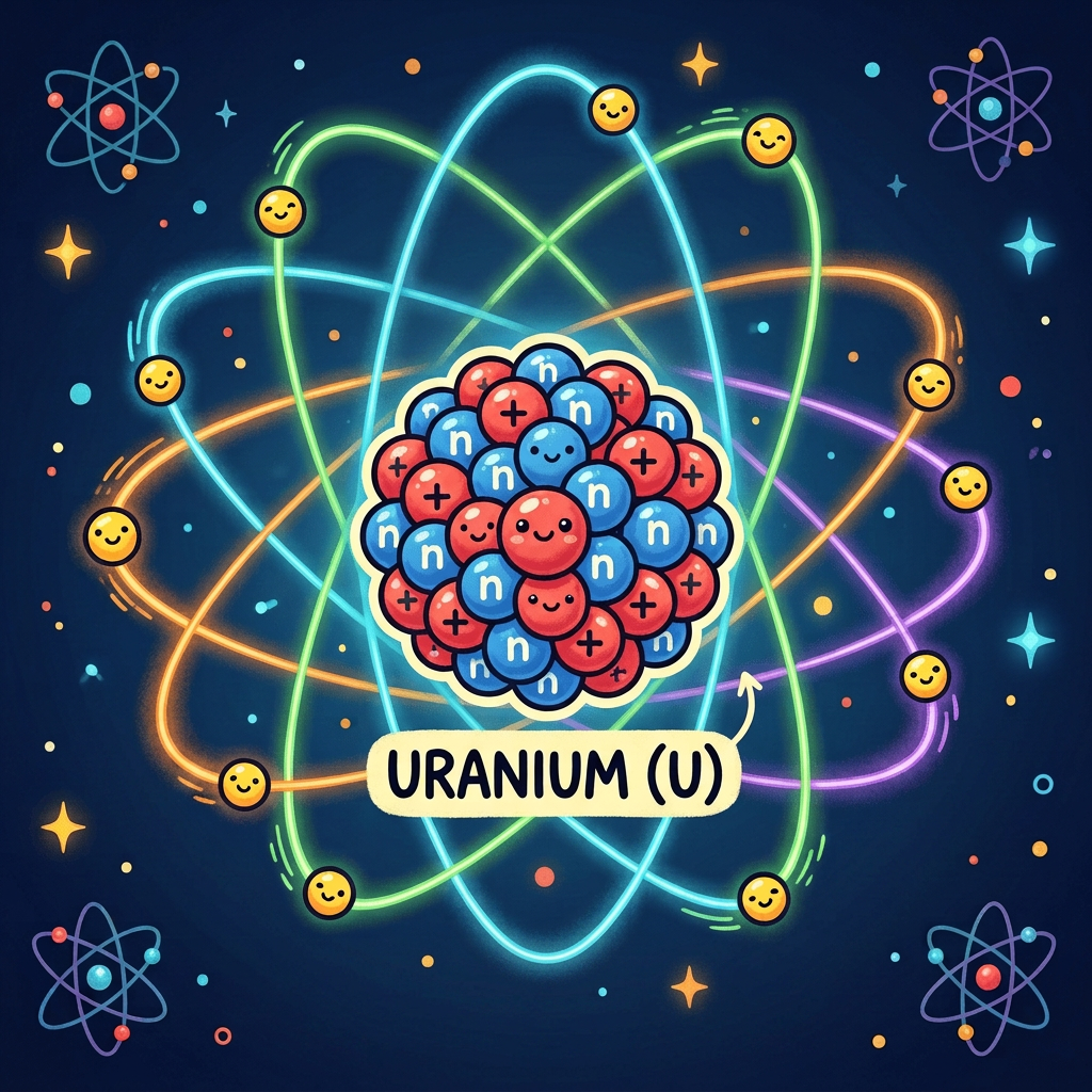 Diagram of uranium atom with nucleus of 92 protons and 146 neutrons, and electrons orbiting